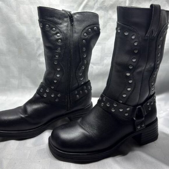 Steve Madden Valent Girls Black Leather Square Toe Studded Biker EBS933 Size 5 - Picture 1 of 4